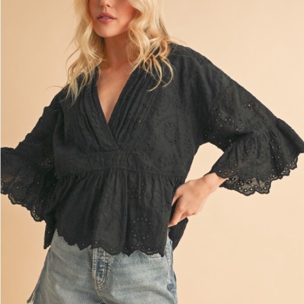 Black Ruffled Wrap Blouse with 3/4 Sleeves - Picture 7 of 9